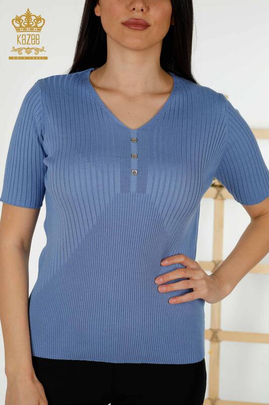 Wholesale Women's Knitwear Sweater - Button Detailed - Blue - 30043 | KAZEE