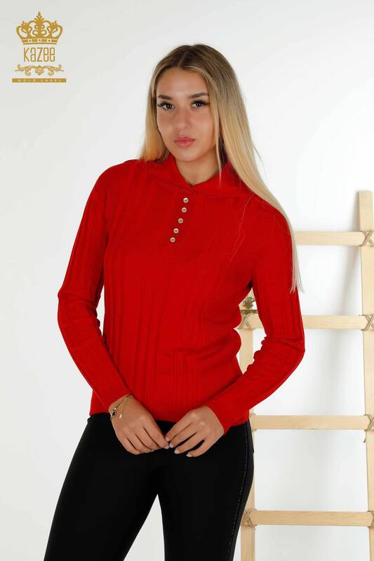 Wholesale Women's Knitwear Sweater Button Detailed Red - 30134 | KAZEE