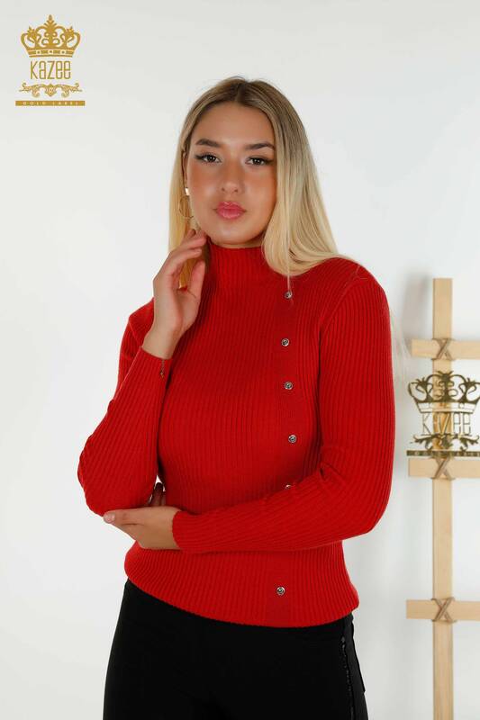 Wholesale Women's Knitwear Sweater Button Detailed Red - 30394 | KAZEE