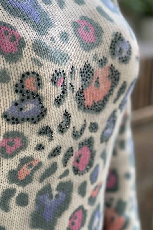 Wholesale Women's Knitwear Sweater With Scarf Leopard Pattern Cotton - 15741 | KAZEE