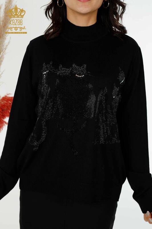Wholesale Women's Knitwear Sweater Cat Patterned Black - 16969 | KAZEE