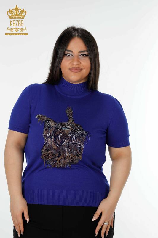 Wholesale Women's Knitwear Sweater Cat Patterned Dark Blue - 16919 | KAZEE