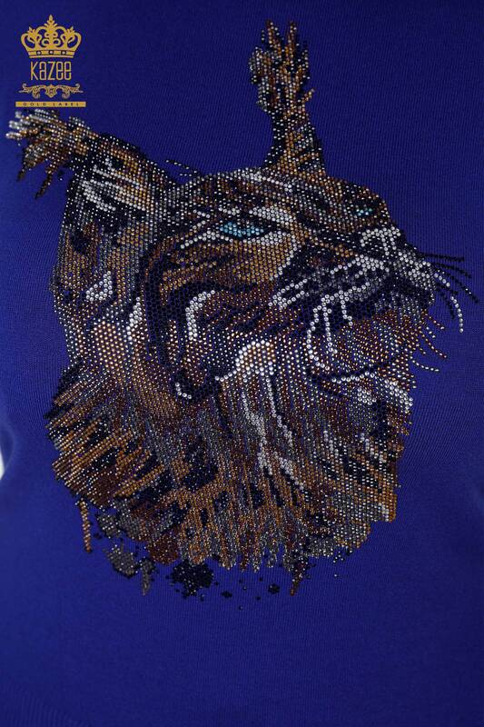 Wholesale Women's Knitwear Sweater Cat Patterned Dark Blue - 16919 | KAZEE