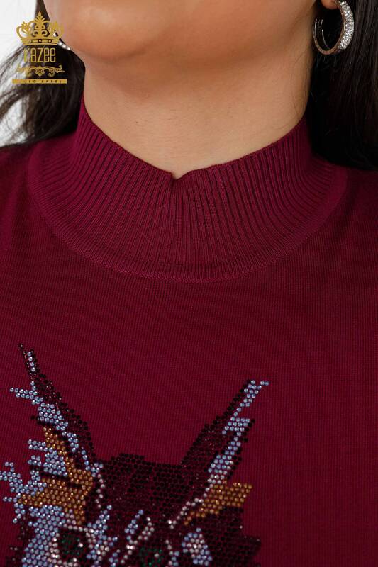 Wholesale Women's Knitwear Sweater Cat Patterned Purple - 16910 | KAZEE