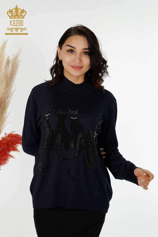 Wholesale Women's Knitwear Sweater Cat Patterned Navy - 16969 | KAZEE