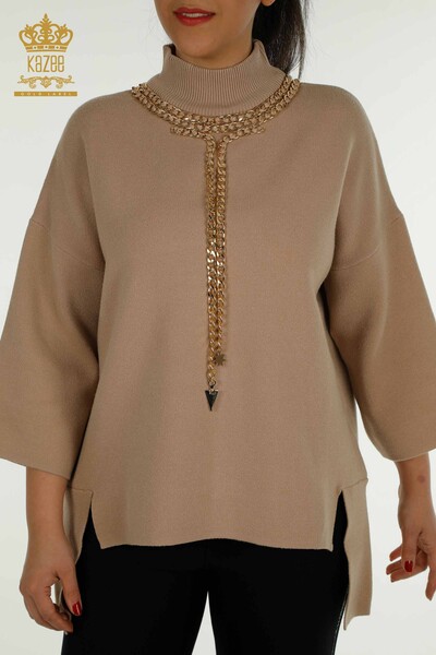Wholesale Women's Knitwear Sweater with Chain Detail Beige - 30270 | KAZEE - Thumbnail
