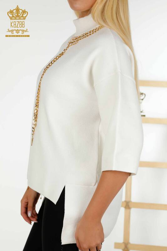 Wholesale Women's Knitwear Sweater Chain Detailed Ecru - 30270 | KAZEE