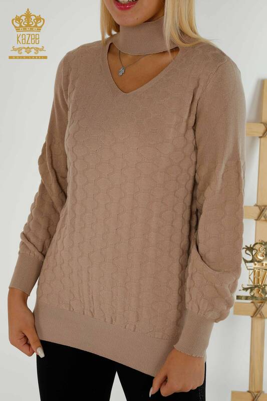 Wholesale Women's Knitwear Sweater - Collar Detailed - Beige - 30363 | KAZEE