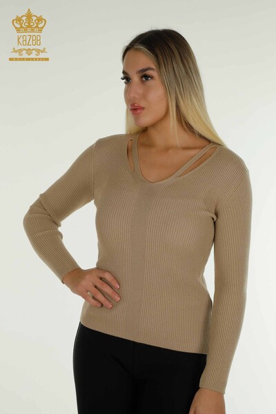 Wholesale Women's Knitwear Sweater with Collar Detail Beige - 30392 | KAZEE - Thumbnail