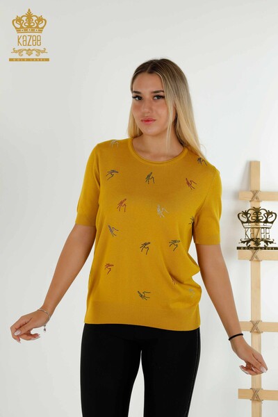 Wholesale Women's Knitwear Sweater Colorful Stone Embroidered Saffron - 30327 | KAZEE - Thumbnail