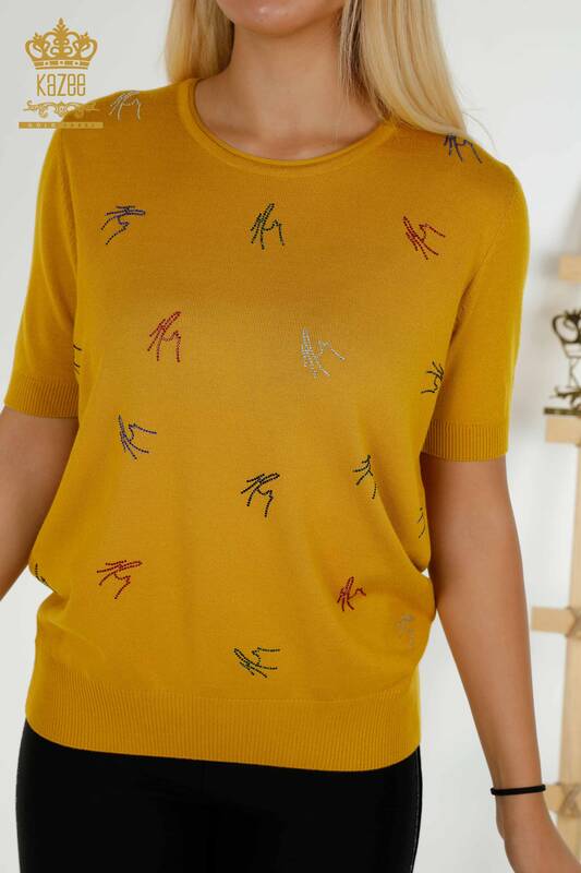 Wholesale Women's Knitwear Sweater Colorful Stone Embroidered Saffron - 30327 | KAZEE