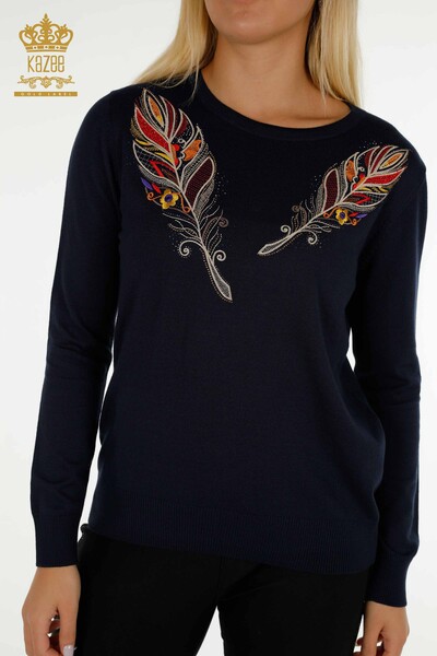 Wholesale Women's Knitwear Sweater - Colorful Embroidery - Navy Blue - 30147 | KAZEE - Thumbnail