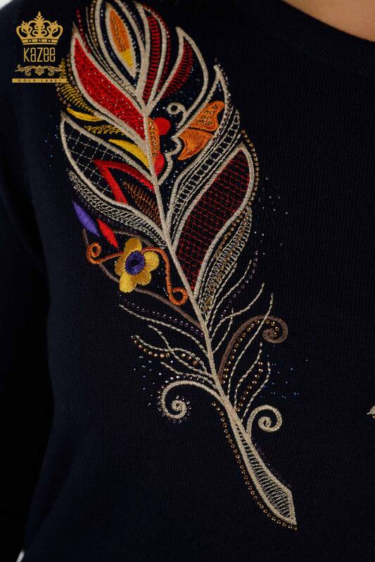 Wholesale Women's Knitwear Sweater - Colorful Embroidery - Navy Blue - 30147 | KAZEE