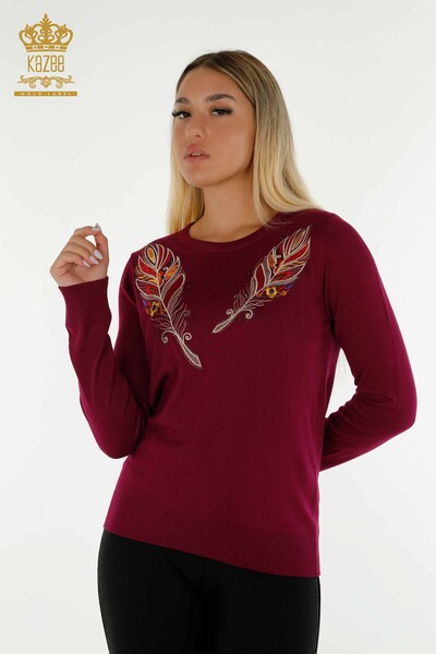 Wholesale Women's Knitwear Sweater - Colorful Embroidery - Purple - 30147 | KAZEE