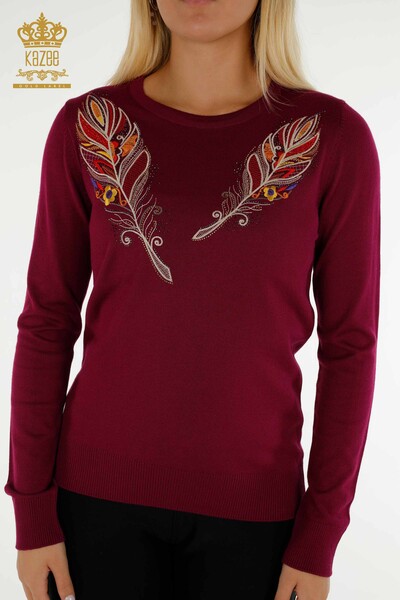 Wholesale Women's Knitwear Sweater - Colorful Embroidery - Purple - 30147 | KAZEE - Thumbnail