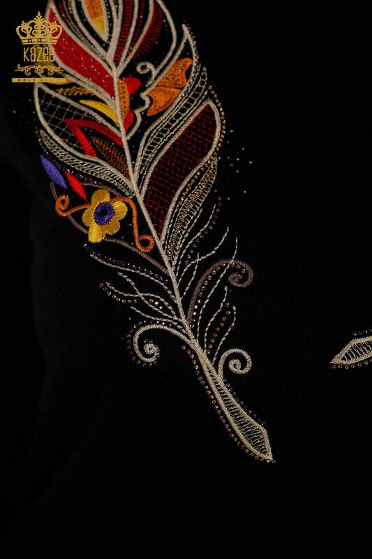 Wholesale Women's Knitwear Sweater Black with Colorful Embroidery - 30147 | KAZEE