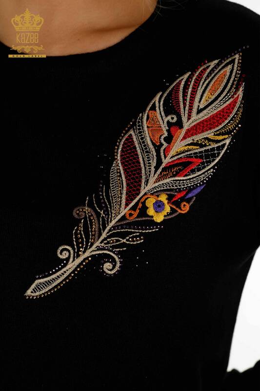 Wholesale Women's Knitwear Sweater Black with Colorful Embroidery - 30147 | KAZEE
