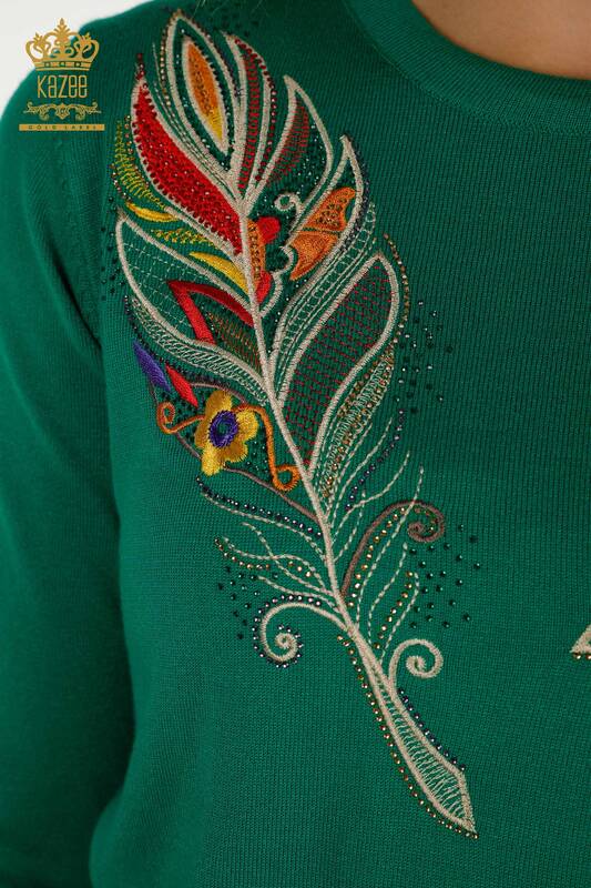 Wholesale Women's Knitwear Sweater Green with Colorful Embroidery - 30147 | KAZEE