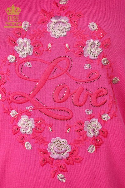 Wholesale Women's Knitwear With Colorful Flower And Text Detailed Stone Embroidery - 16863 | KAZEE - Thumbnail (2)