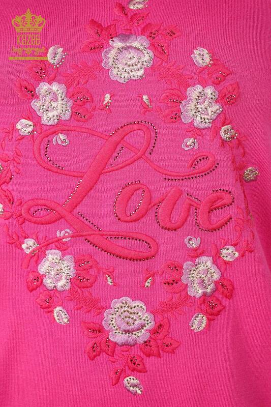 Wholesale Women's Knitwear With Colorful Flower And Text Detailed Stone Embroidery - 16863 | KAZEE