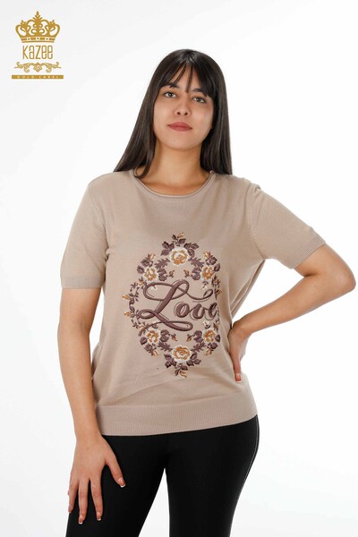 Wholesale Women's Knitwear With Colorful Flower And Text Detailed Stone Embroidery - 16863 | KAZEE - Thumbnail