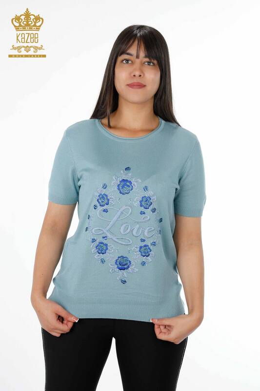 Wholesale Women's Knitwear With Colorful Flower And Text Detailed Stone Embroidery - 16863 | KAZEE