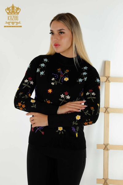Wholesale Women's Knitwear Sweater Black with Colorful Flower Embroidery - 16445 | KAZEE 