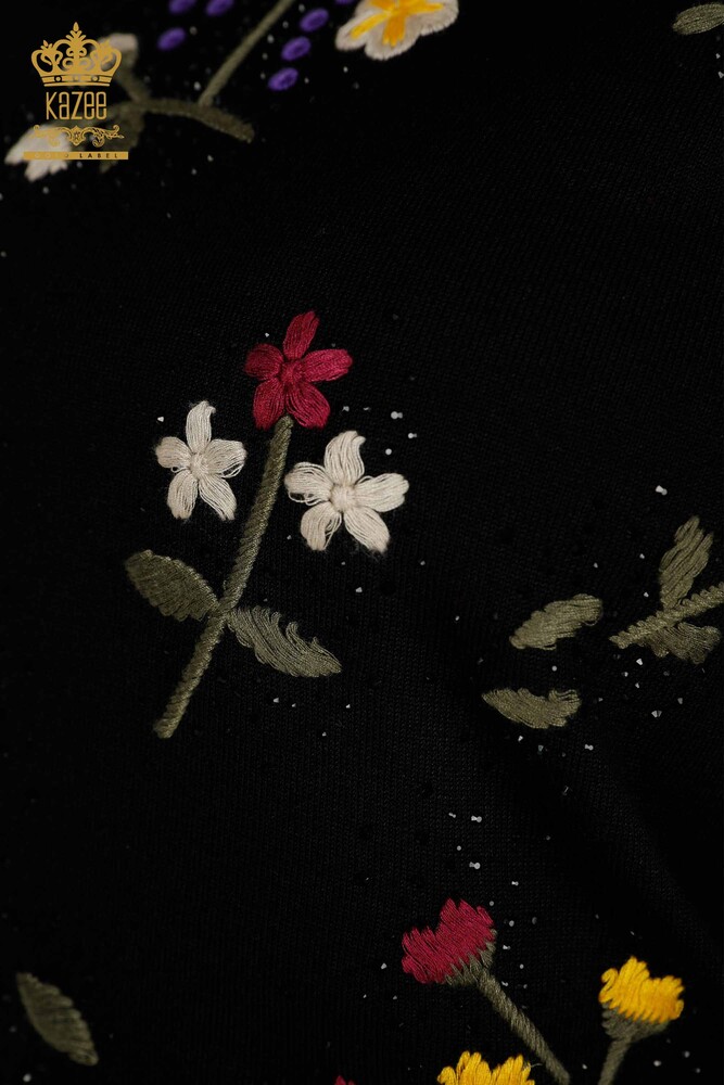 Wholesale Women's Knitwear Sweater Black with Colorful Flower Embroidery - 16445 | KAZEE - 3