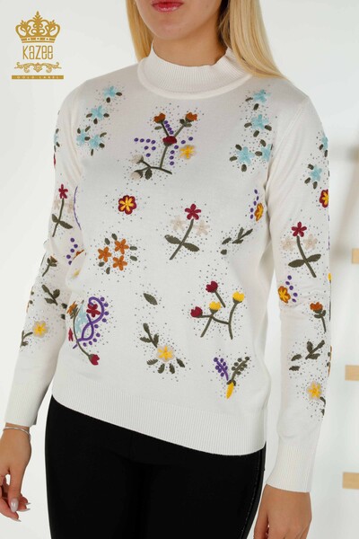 Wholesale Women's Knitwear Sweater Colorful Flower Embroidered Ecru - 16445 | KAZEE - 2