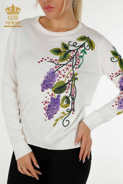 Wholesale Women's Knitwear Sweater Colorful Flower Embroidered Ecru - 16934 | KAZEE - Thumbnail