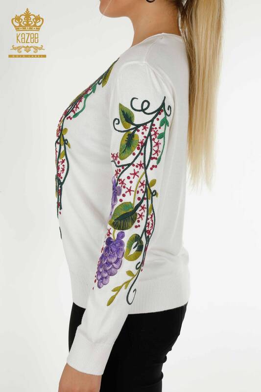 Wholesale Women's Knitwear Sweater Colorful Flower Embroidered Ecru - 16934 | KAZEE