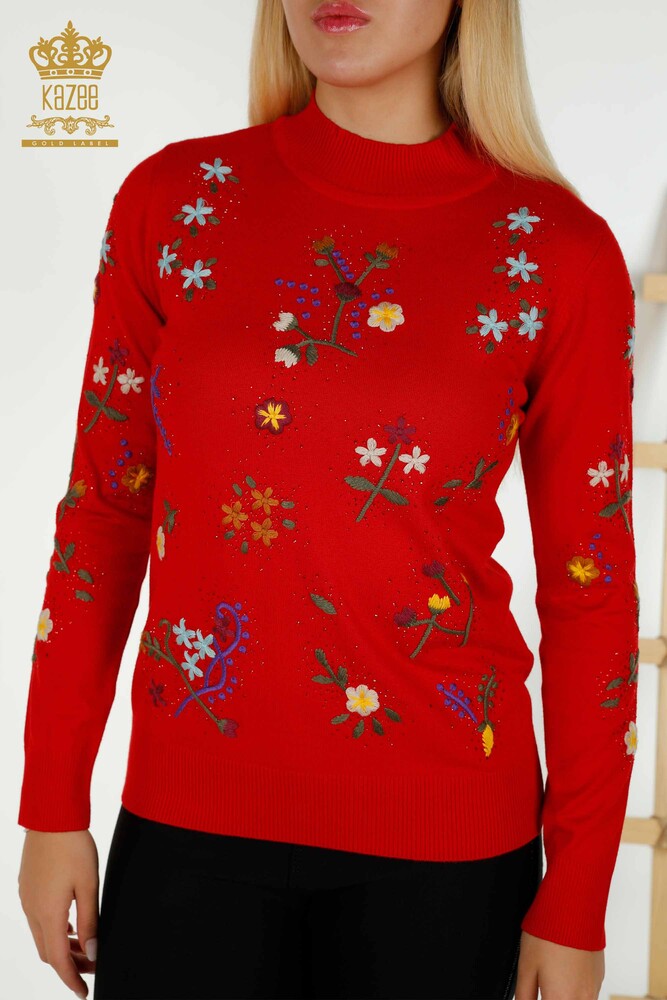 Wholesale Women's Knitwear Sweater Red with Colorful Flower Embroidery - 16445 | KAZEE - 2