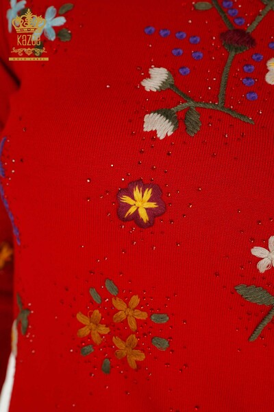 Wholesale Women's Knitwear Sweater Red with Colorful Flower Embroidery - 16445 | KAZEE - 3