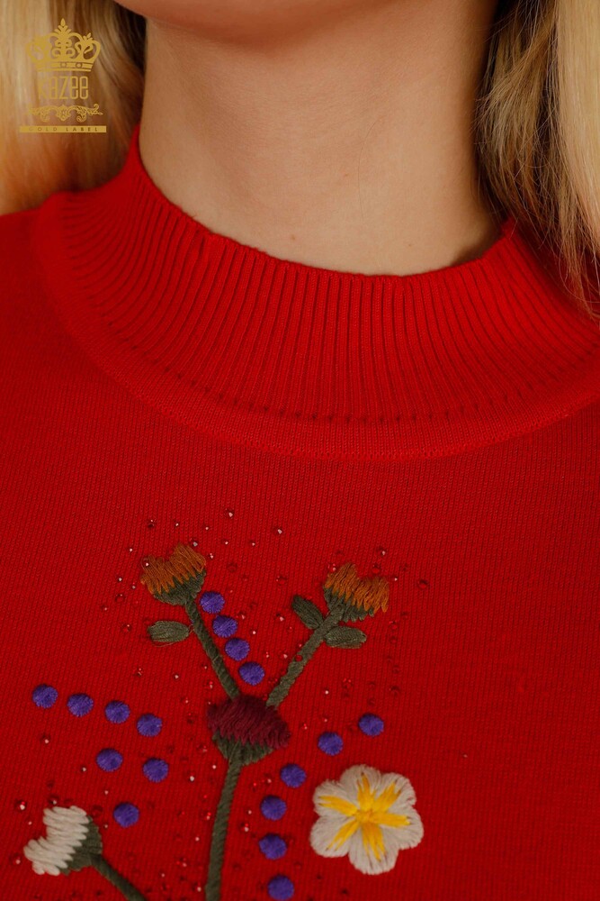 Wholesale Women's Knitwear Sweater Red with Colorful Flower Embroidery - 16445 | KAZEE - 4