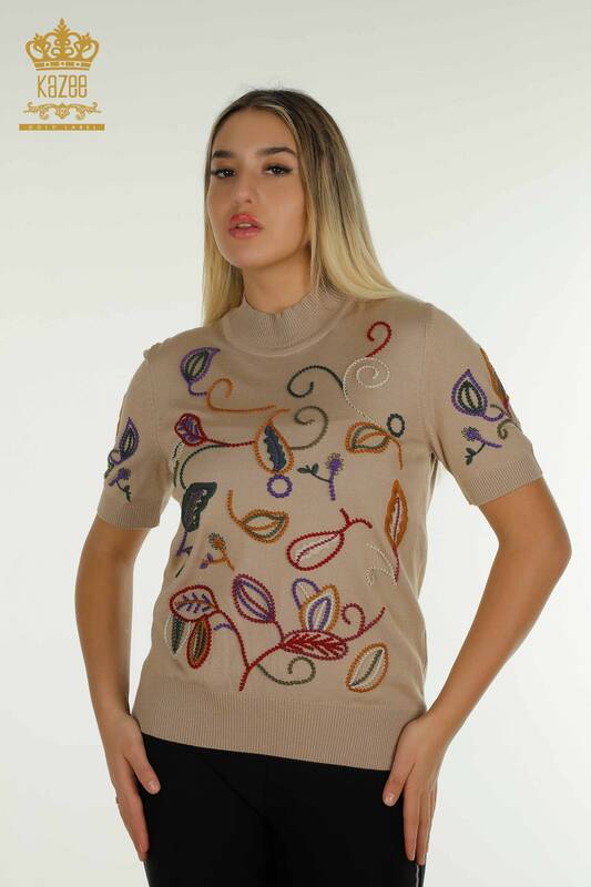 Wholesale Women's Knitwear Sweater Colorful Patterned Beige - 15844 | KAZEE