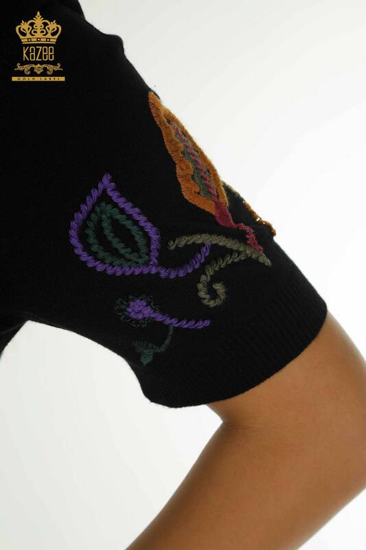 Wholesale Women's Knitwear Sweater Colorful Patterned Black - 15844 | KAZEE