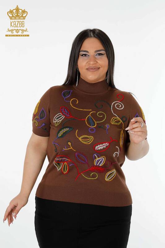 Wholesale Women's Knitwear Sweater Colorful Patterned Brown - 15844 | KAZEE