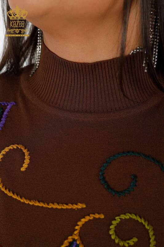 Wholesale Women's Knitwear Sweater Colorful Patterned Brown - 15844 | KAZEE