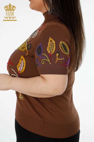 Wholesale Women's Knitwear Sweater Colorful Patterned Brown - 15844 | KAZEE - Thumbnail