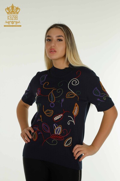 Wholesale Women's Knitwear Sweater Colorful Patterned Navy - 15844 | KAZEE - Thumbnail
