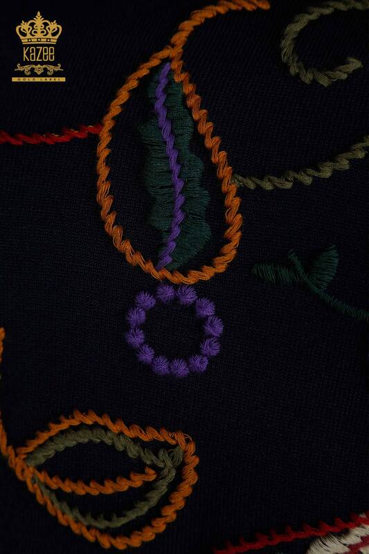Wholesale Women's Knitwear Sweater Colorful Patterned Navy - 15844 | KAZEE
