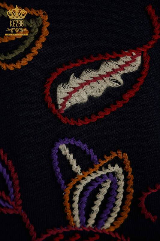 Wholesale Women's Knitwear Sweater Colorful Patterned Navy - 15844 | KAZEE