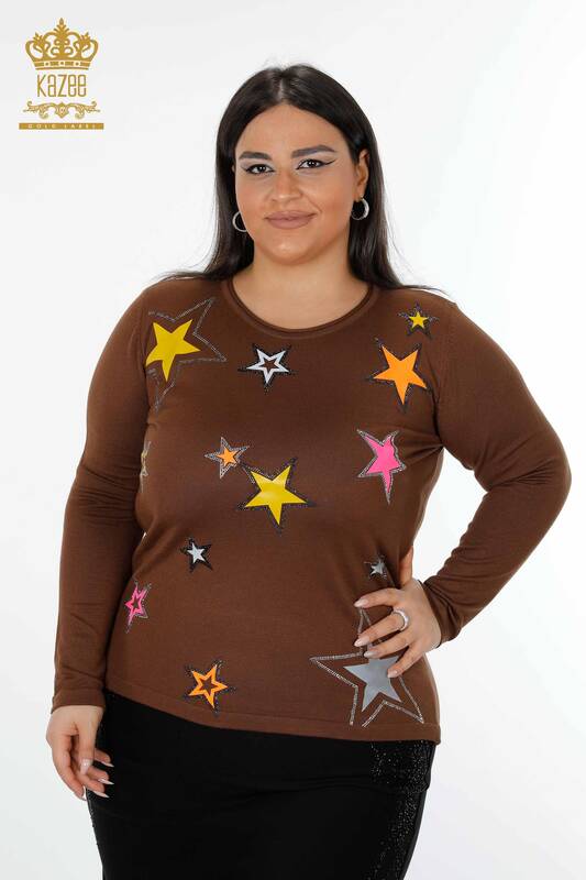 Wholesale Women's Knitwear Sweater Colorful Star Patterned Taba - 15957 | KAZEE