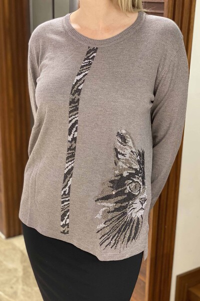 Wholesale Women's Knitwear Sweater Colored Stone Embroidered Cat Pattern - 16440 | KAZEE - Thumbnail