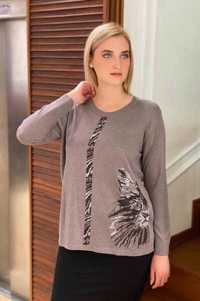 Wholesale Women's Knitwear Sweater Colored Stone Embroidered Cat Pattern - 16440 | KAZEE - Thumbnail