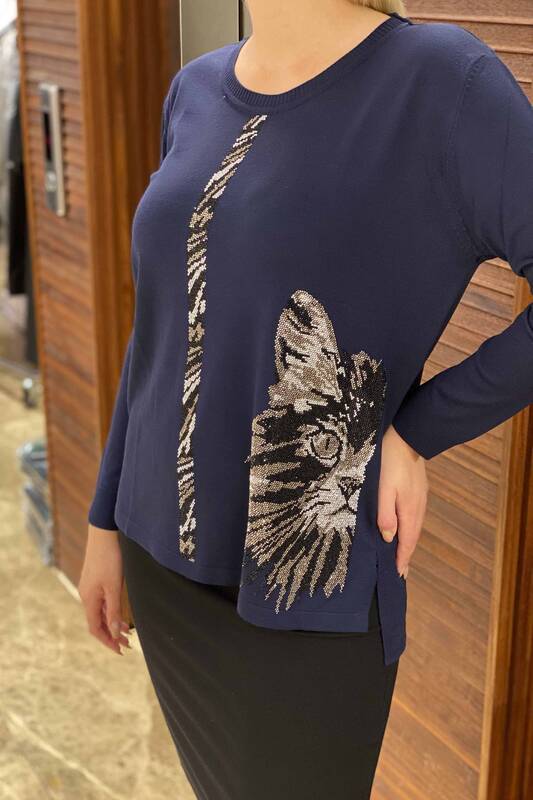 Wholesale Women's Knitwear Sweater Colored Stone Embroidered Cat Pattern - 16440 | KAZEE