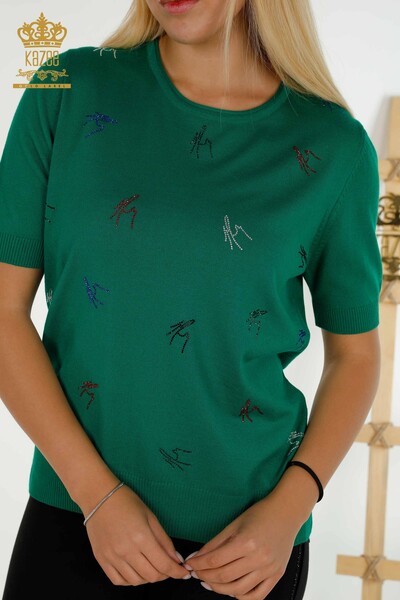 Wholesale Women's Knitwear Sweater Colorful Stone Embroidered Green - 30327 | KAZEE - Thumbnail