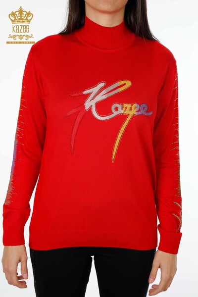 Wholesale Women's Knitwear Sweater Colored Letter Detailed Sleeve Colored Embroidered - 16620 | KAZEE - Thumbnail