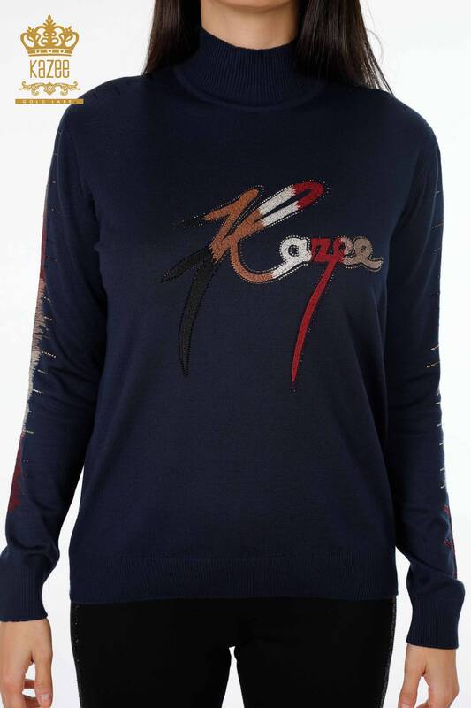 Wholesale Women's Knitwear Sweater Colored Letter Detailed Sleeve Colored Embroidered - 16620 | KAZEE