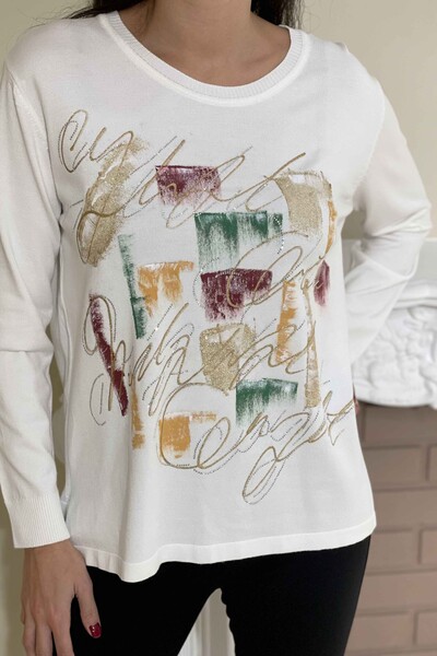 Wholesale Women's Knitwear Sweater Colored Written Embroidered Stone - 16515 | KAZEE - Thumbnail